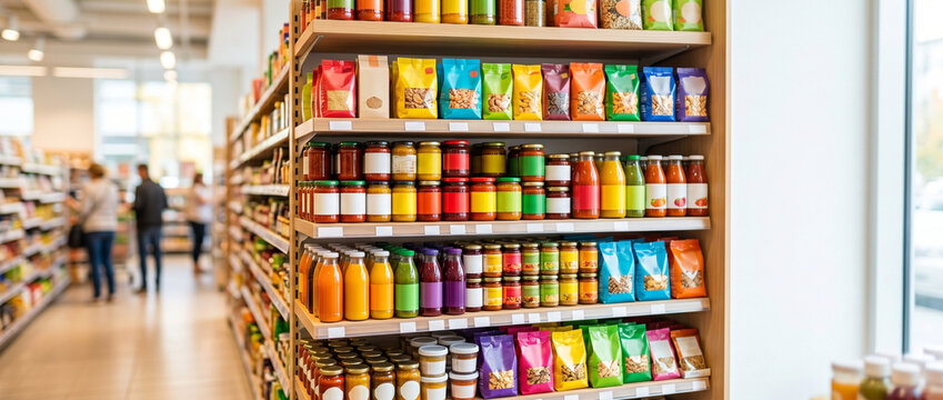 Store shelves chaos with colorful packaged goods in grocery store  
