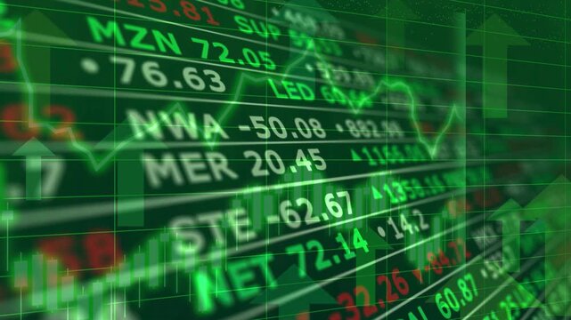 Dynamic stock market ticker display with green rising charts and glowing financial data, illustrating economic growth and trading success.