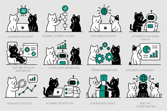 AI graphic icons with cat character, vector illustrations for business showing artificial intelligence 