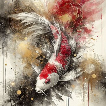 美しい紅白の錦鯉と花を描いた和風アート