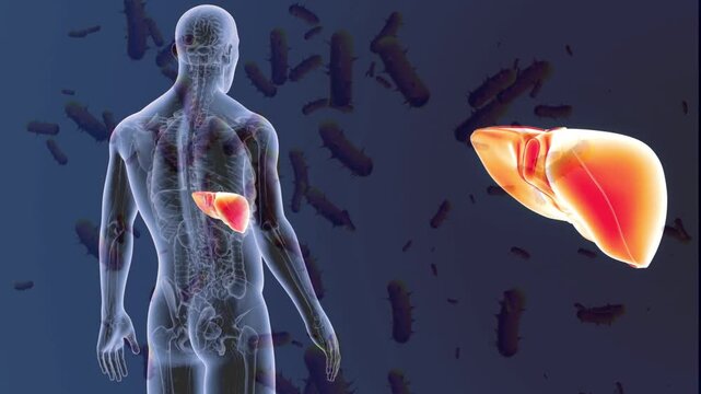 3D human male anatomy showing a glowing highlighted liver, surrounded by floating rod-shaped bacteria. Concept of liver infection.