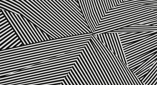 Abstract, geometric black and white optical illusion pattern with sharp, intersecting lines creating a dynamic, disorienting visual effect for modern design.