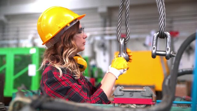 Female worker inspecting industrial crane hook and chain in a factory setting