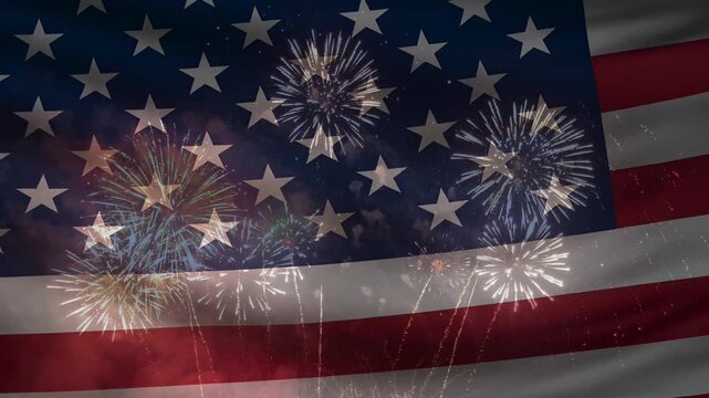 Huge, glowing golden fireworks explode intensely against a rippling American flag, delivering a powerful and emotional tribute to United States independence.