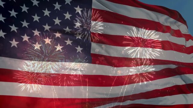 An American flag flies proudly on a flagpole against a twilight sky, surrounded by a spectacular display of bursting fireworks for a realistic holiday feel.
