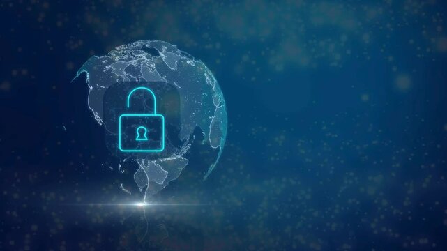 Glowing blue padlock inside a square frame overlapping a wireframe earth globe against a dark starry background. Concept of global internet security.