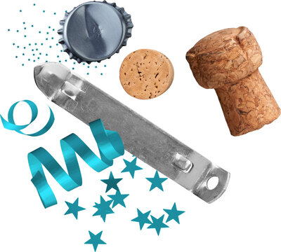 Metal bottle opener with corks and blue confetti isolated on transparent background