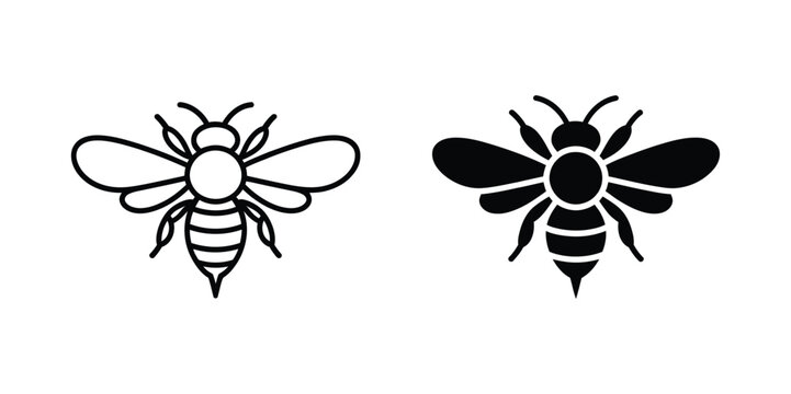 Honey bee black silhouette and minimalist line art outline vector featuring detailed insect shape for ecological themes, agriculture concepts, and modern creative design applications