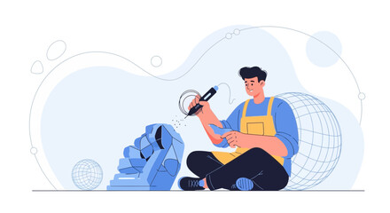 Obraz premium Artist creates 3D sculpture with 3D printing pen, symbolizing innovation and digital art