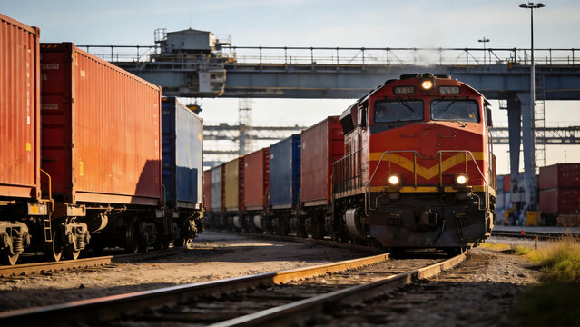 Freight train hauling containers at port terminal