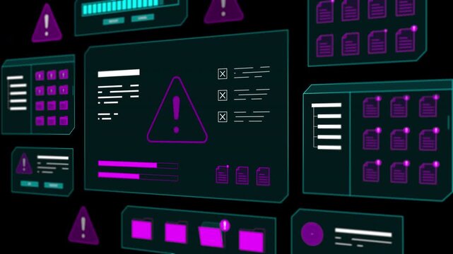 High tech notification dashboard displaying critical data eror alerts and security failure grid warnings.