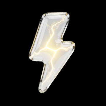 3D rendered glass lightning bolt icon with electric glow on black background