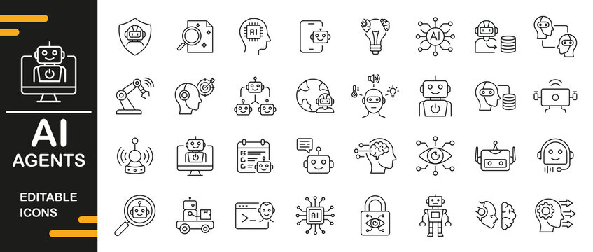 AI Agent and Chatbot Icons Set &ndash; Editable Stroke Line Vector Collection for Autonomous AI Assistants, Agentic Workflows, Machine Learning and Intelligent Automation
