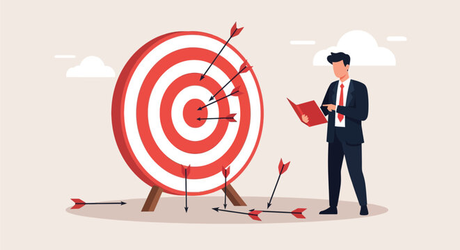 Businessman analyzing arrows missing target, concept of business failure, missed opportunity or wrong strategy in reaching goal.