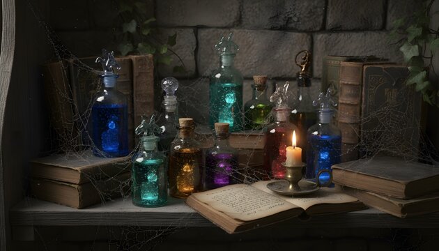 An eerie collection of colorful potions in vintage bottles on a shelf adorned with cobwebs and old books