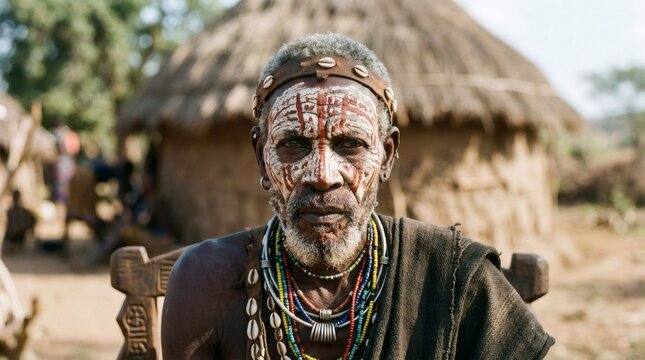 Portrait of senior indigenous man in traditional tribal jewelry.