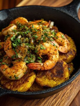Rustic mofongo with garlic shrimp served in a skillet under tropical light setting.