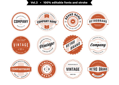 Vintage retro emblems, logos and badges set in a shape of circle. Round label design templates with editable text and stroke. Vol.2