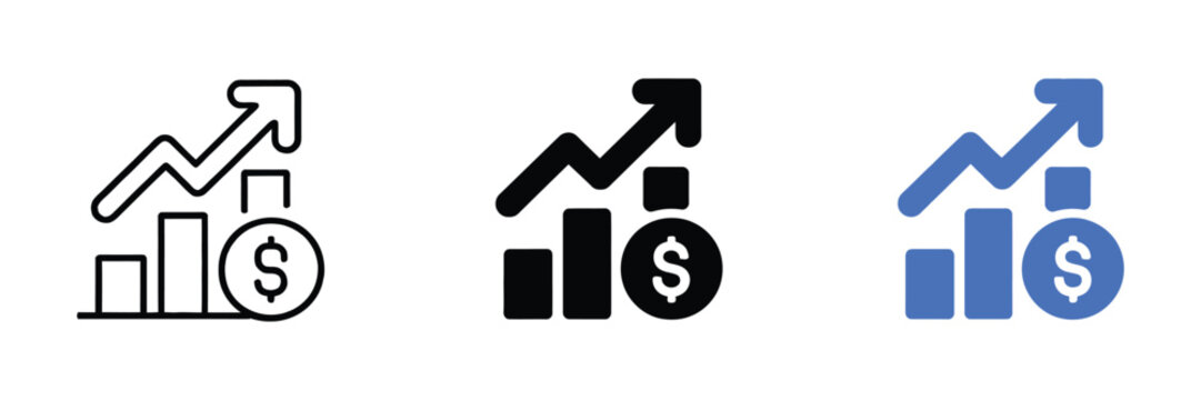 Financial growth icon with rising bar chart, upward arrow, and dollar coin symbol representing profit increase, revenue growth, and investment success.