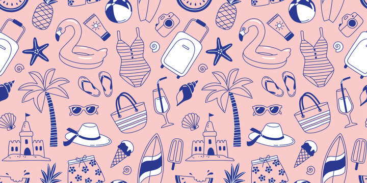 Hand drawn doodle summer seamless pattern with beach icons and symbols. Summer holidays and vacations background, wallpaper or fabric print.
