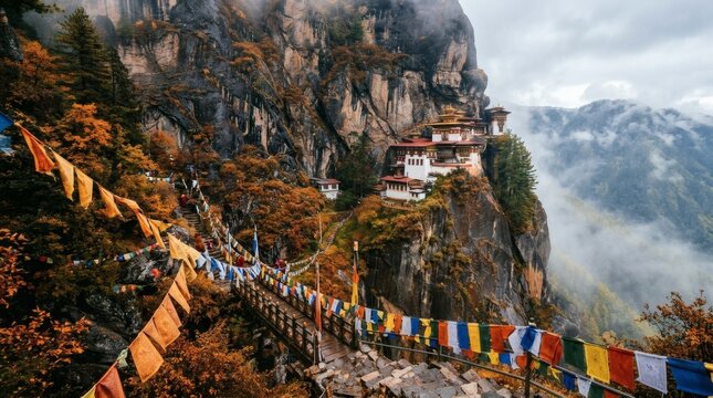Tiger Nest Monastery on cliff with prayer flags Bhutan.