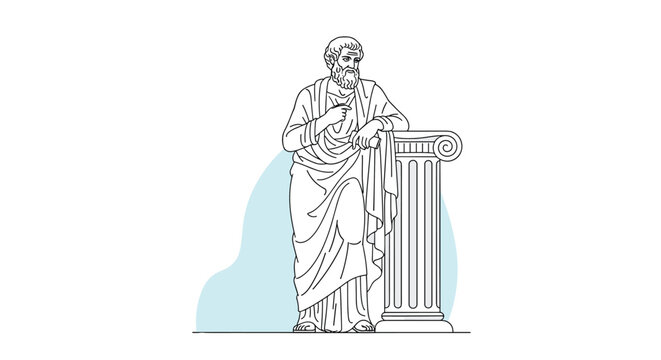 Ancient Greek philosopher Socrates or Plato standing next to a classic Ionic column in a thoughtful pose, line art style.