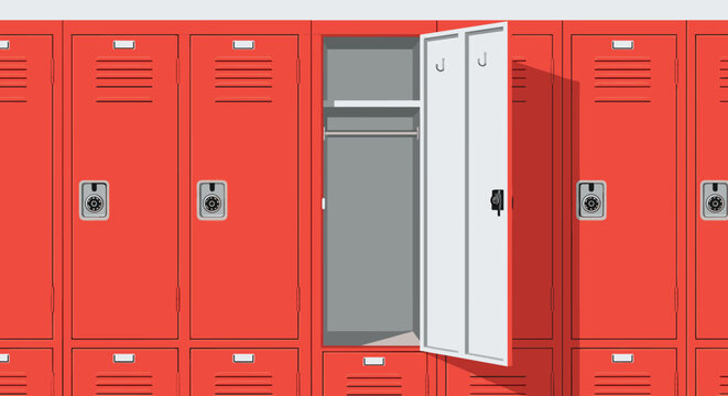 Row of bright red school corridor lockers with one locker door open to reveal a hanger rod and shelf on a grey background.