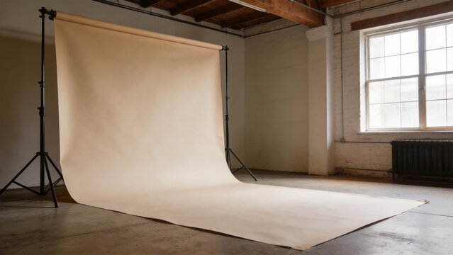 Empty photography studio with beige backdrop