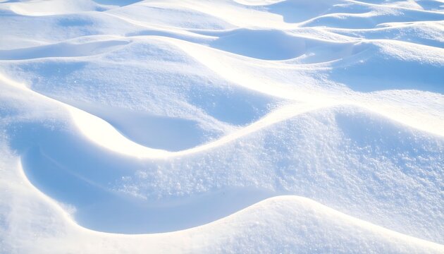 Abstract smooth white snowdrifts and dunes with soft blue shadows in bright winter sunlight