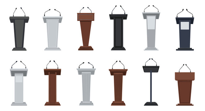 Diverse set of twelve speaker podiums and lecterns with microphones in different colors and architectural styles.