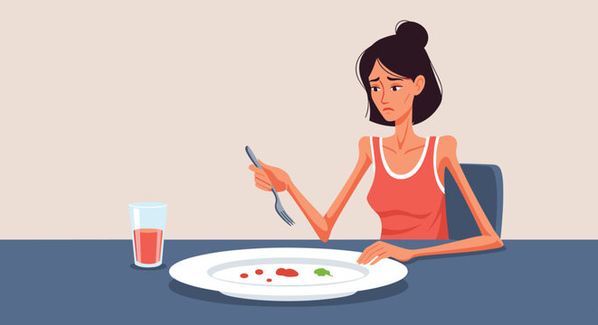 Concerned thin woman sitting at a table with an almost empty plate, illustrating anorexia or an eating disorder.