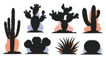 Fototapeta premium Set of eight black cactus silhouettes on colorful pastel abstract background shapes, showcasing a desert nature theme.