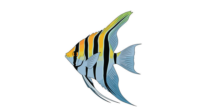 Colorful striped angelfish with long elegant fins swimming, illustrated in detailed and vibrant vector art style.