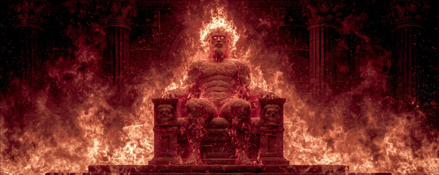 lonely fire god on ancient throne, ancient fire deity surrounded by hellfire, mythic fire ruler seated in infernal flames