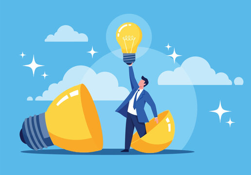 Ambitious businessman standing inside broken light bulb holding glowing filament concept of creative thinking innovation and finding brilliant new ideas.