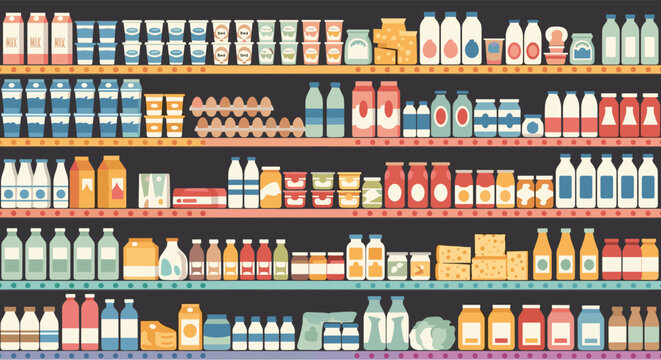 Seamless pattern of pixel art supermarket shelves stocked with milk, yogurt, and cheese products vector.