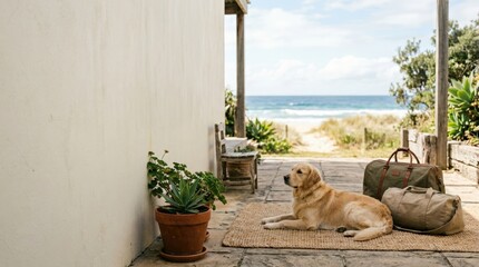 Obraz premium Golden retriever relaxing with travel bags at beachside vacation home