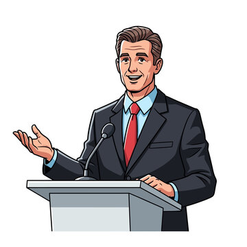 Confident business speaker at podium giving presentation.