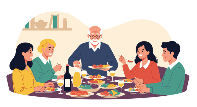 Multi-generation family gathered around a dinner table enjoying a festive meal with grandfather serving food.