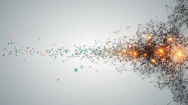 Abstract neural network cluster with black and orange nodes on white.