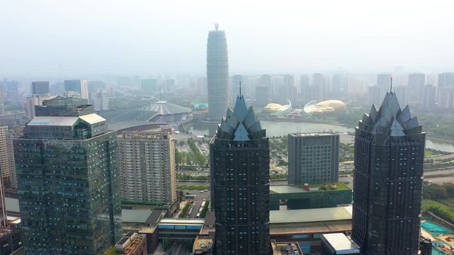 Hazy Aerial View of Modern Zhengzhou Skyline in Henan China in Zhengzhou, Henan, China