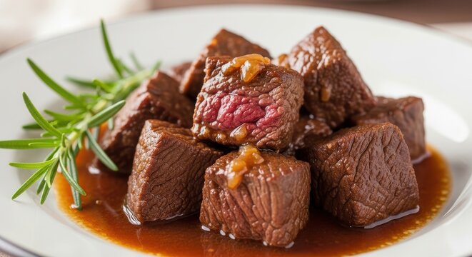 Delicious beef stew cubes with rosemary