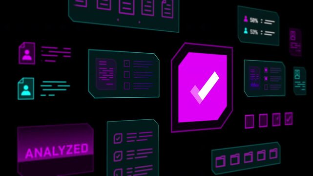 Animated digital safety interface featuring a large purple checkmark icon for successful task completion.
