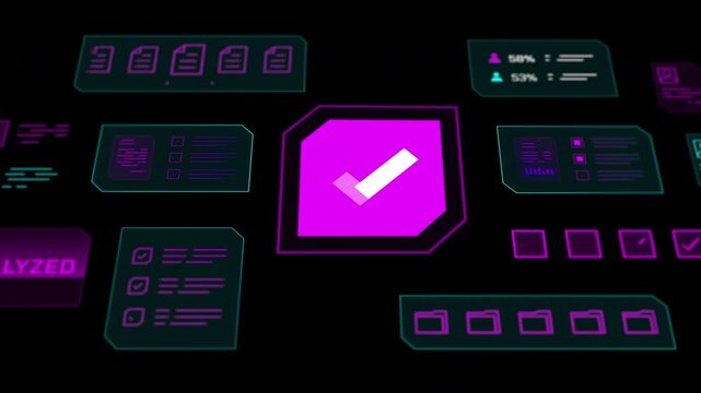 Technical interface visualizing successful database processing, task completions, and active green approvals.