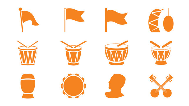 Orange drum musical instruments and flags vector icons for marching parades and events.