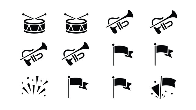 Collection of musical marching band icons featuring trumpets drums and waving banners.