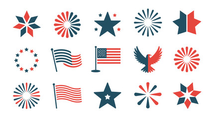 Patriotic holiday graphic set with abstract stars firework bursts flags and eagle shapes. © Tuli