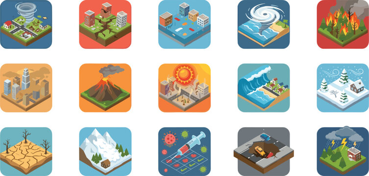 Natural disasters isometric icon set featuring global climate catastrophes earthquakes floods volcanoes wildfires tsunamis tornadoes and extreme weathe