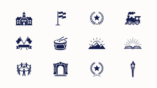 Set of twelve flat vector icons featuring school buildings flag and educational symbols.
