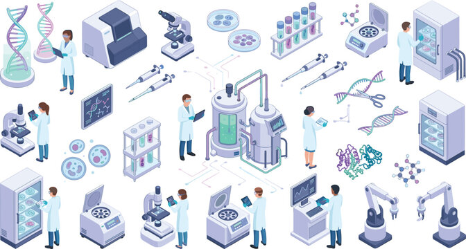 Biotechnology laboratory isometric icon set featuring genetic engineering dna research scientists microscopes bioreactors automation robots and medical equipment